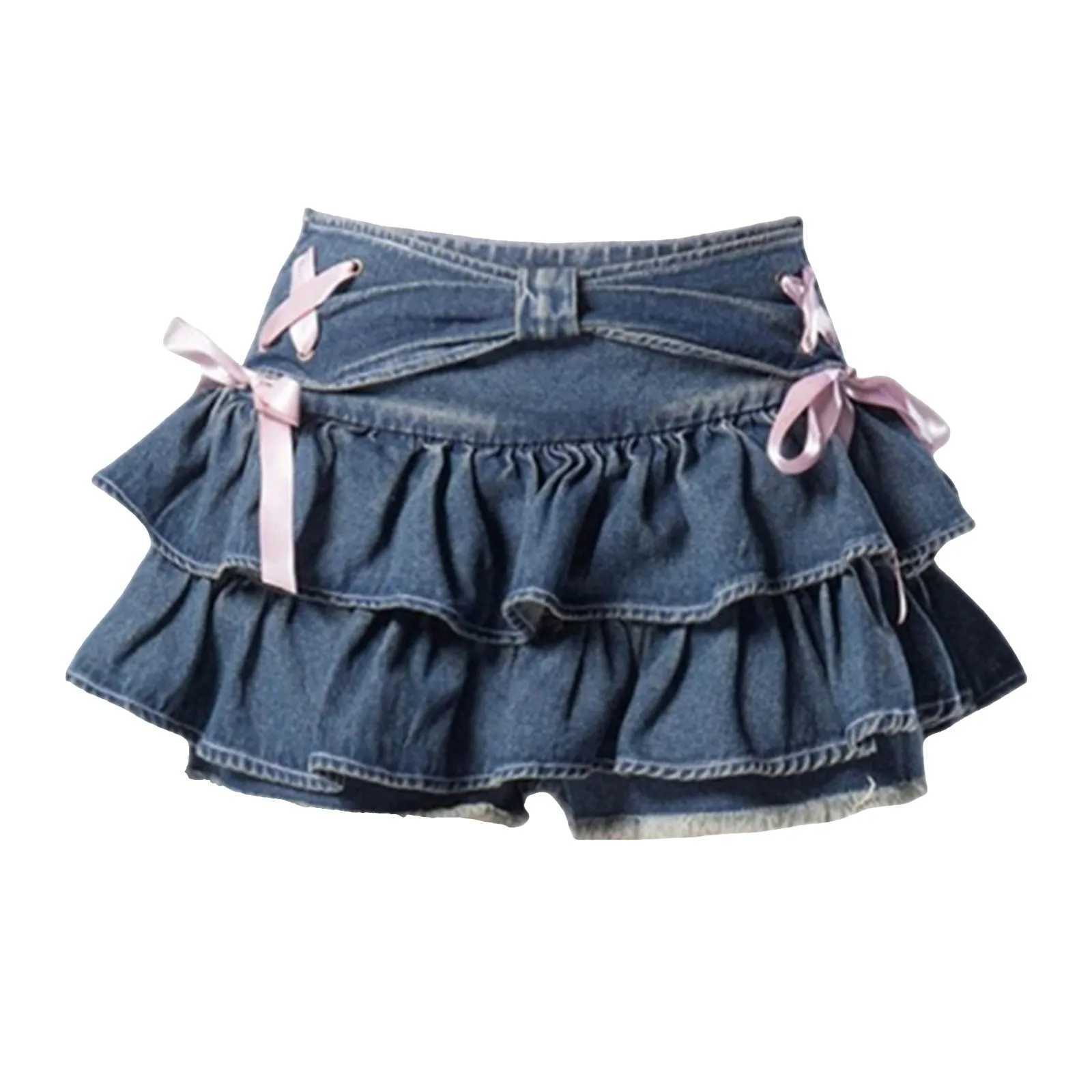 Fairy Tie Bow Harajuku denim shorts womens Y2k sweet high waisted laminated pleated skiing Korean large-size A-line skiingXJ250320