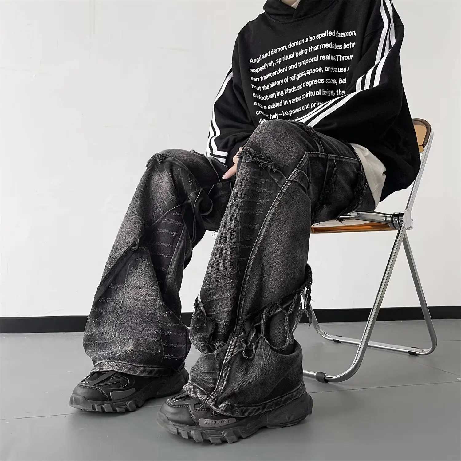 Streetwear Baggy Jeans Y2K Hip Hop Retro Baggy Jeans Mens Jeans Wide Leg Oversize Denim Pants Denim Trousers Cargo JeansT250319
