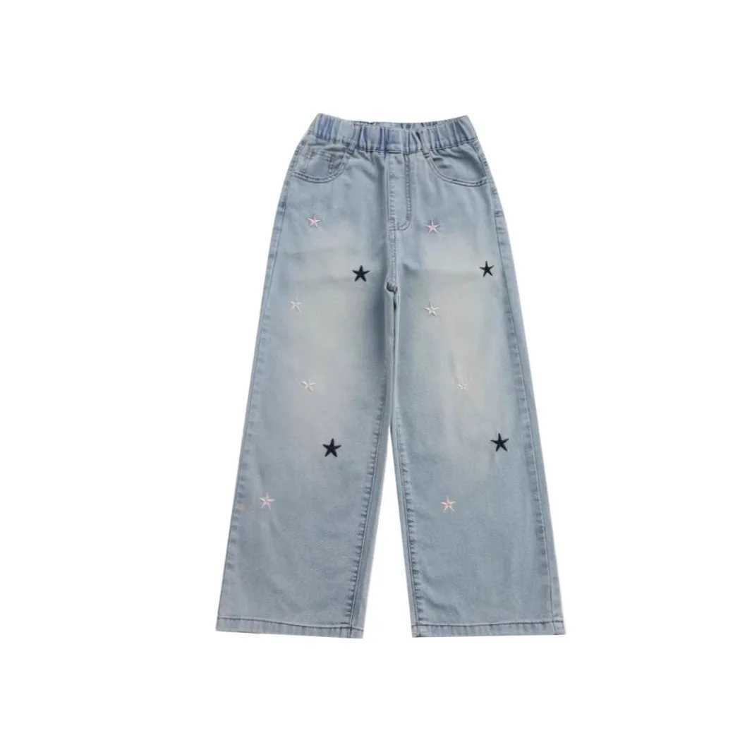 Spring Autumn Girls Pants 4-12 Years Children Casual Loose Jeans Star Knotbow Embroidery Little Girls Denim Wide-leg PantsT250326