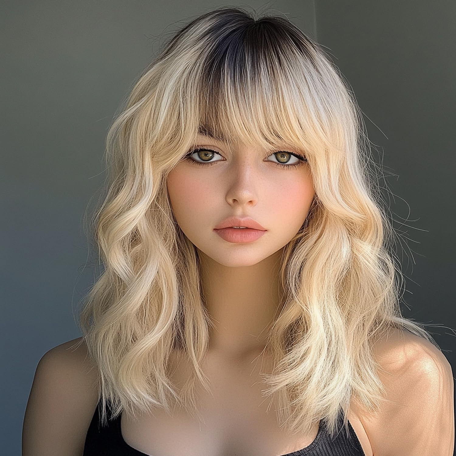 Blonde Wigs with Bangs for Women Synthetic 16inch Medium Length Wigs with Dark Root Natural Long Wavy Fringe Bang wig Heat Resistant Hair for Daily Pa