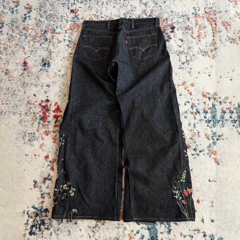 Y2K Blossom Baggy Jeans Trendy Floral Embroidery Streamlined Seams Unisex Streetwear Retro Harajuku Style Oversized Fit PantsT250319