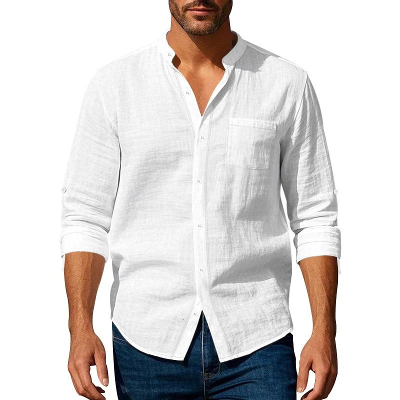 2025 Spring and Autumn Linen Shirt Long Sleeve Stand Collar Breathable Casual Mens Chinese Pocket Shirt 250320