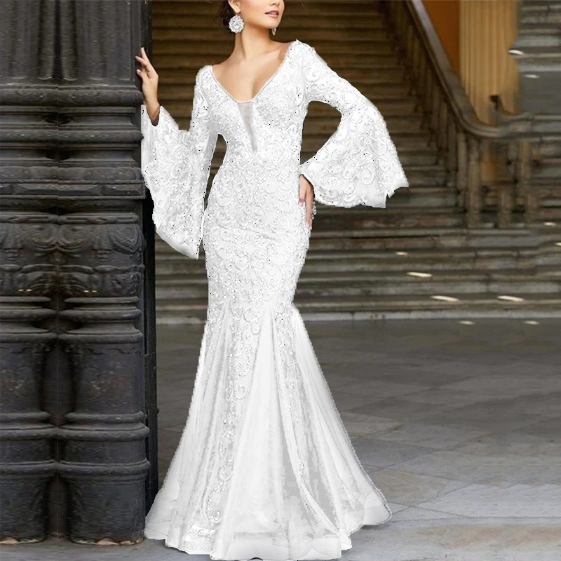 2025 New Women's Lace Embroidered Fish Tail Black Slimming Evening Dress