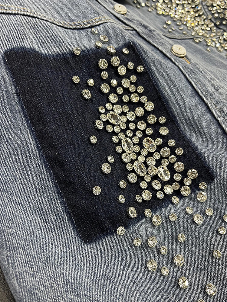 DEAT womens denim shirt patch work sheet pocket panel loose long sleeved diamond shirt spring item 29L2946 250317