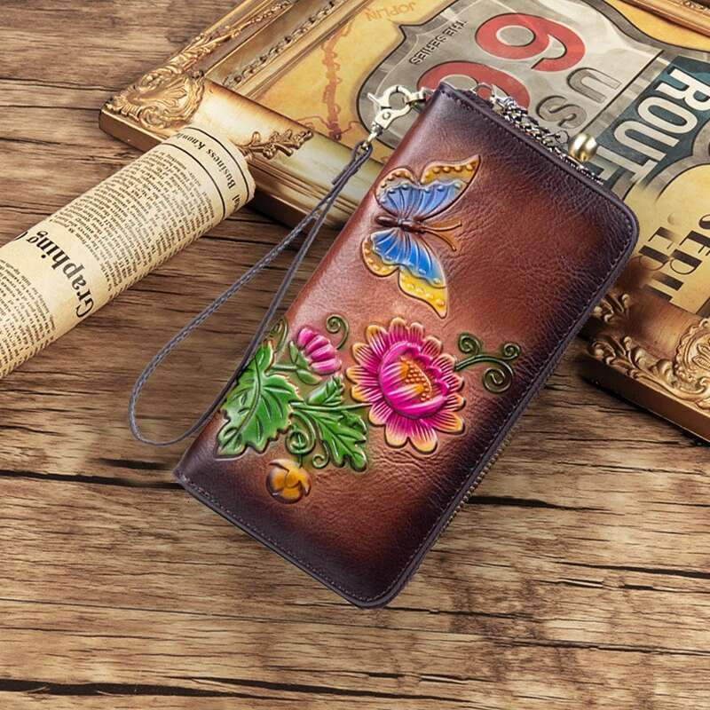 MOTAORA Women's Retro Wallet Genuine Leather Vintage Purse Women Chinese Style Emed Card Holder Ladies Casual Female Clutch