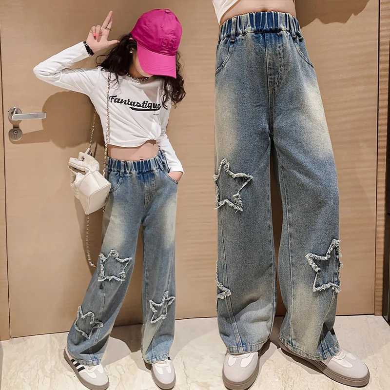 Spring Autumn Teenager Girls Wide Leg Jeans Children Trousers 2024 New Fashion Star Pattern Girls Denim Pants 5-14Y Kids ClothesT250326