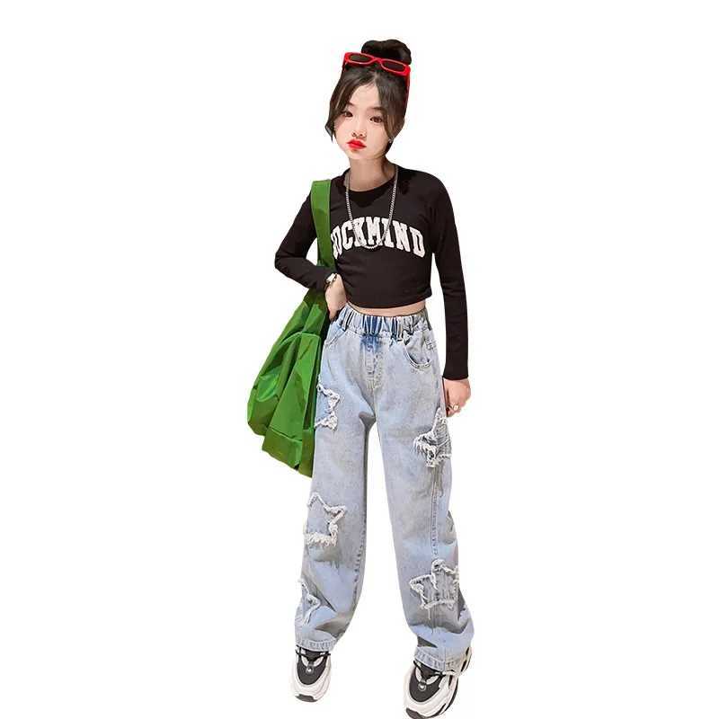 Girls jeans 2024 spring new adhesive fabric five point star wide leg pants childrens trend teenagers Trouser 8 10 12 years oldT250326
