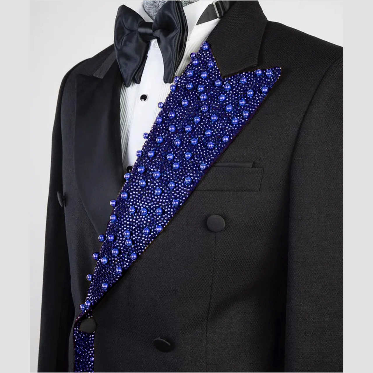Modern Wedding Tuxedos Blue Beaded Men Suit Peaked Lapel 2 Piece Set Jacket Pants Party Groom Business Blazers Customized