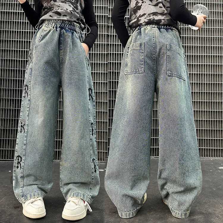 Spring Child wide leg jeans with bow suitable for girls fashionable loose jeans children teenagers high waisted retro jeans TrouserT250326