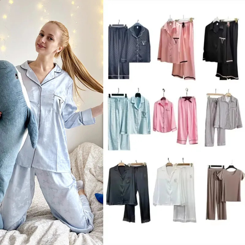 Autumn Womens Long Silk Pajamas Two -piece Satin Noodle Cardigan Casual Clothes Thin Fashion Loose Home Service 250319