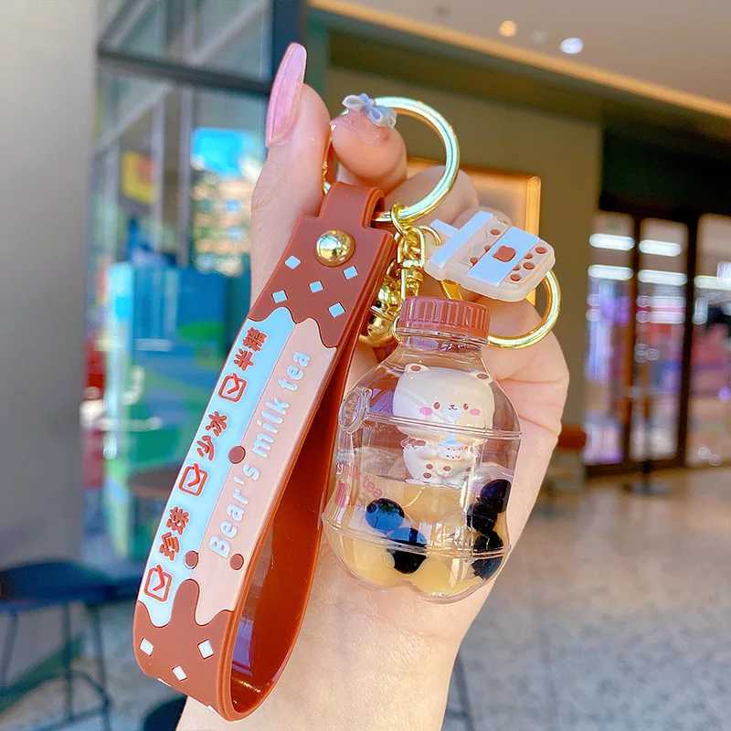 Cute Oil Pearl Milk Tea Bear Floating Liquid Keychain Bag Pendant Cartoon Cup Beverage Bottle Keychain Girl Keychain Gift 2023XJ250319