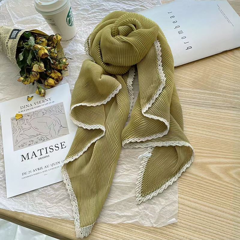 T323 Spring new solid color lace wrinkled silk scarf female Korean version thin outer travel sunscreen shawl winter warm scarf