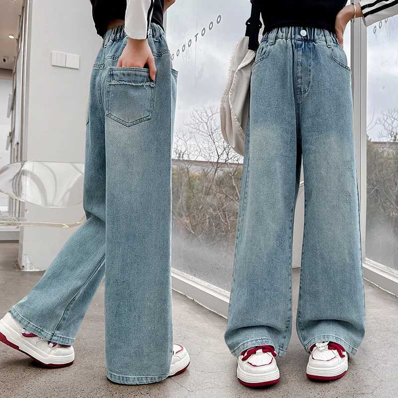 Girls denim wide leg pants for spring and summer 2024 loose Korean version childrens jeans casual straight leg pants 120-170cmT2502320