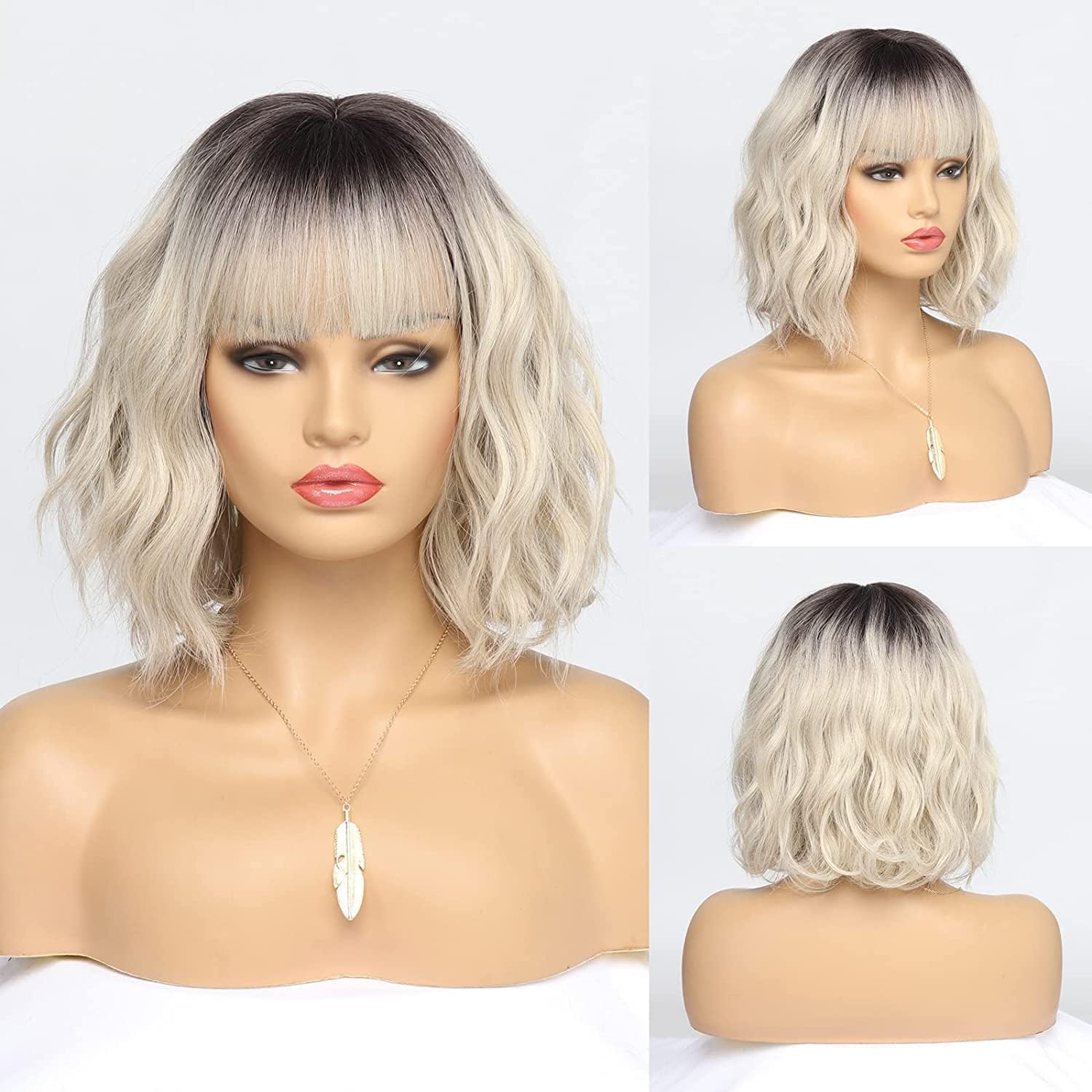 Short Blonde Bob Wigs for Women Wavy Ombre Grey Blonde Wig with Bangs Ash Blond Wig Synthetic Hair Water Wave Medium Length Colorful Wigs