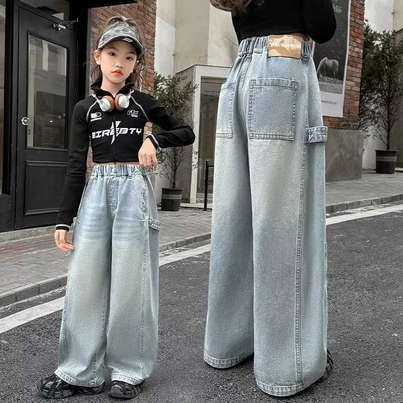 Spring New Teen Girls jeans high waisted wide leg pants casual style Trouser clothing loose fit for children Korean blue jeansT250326