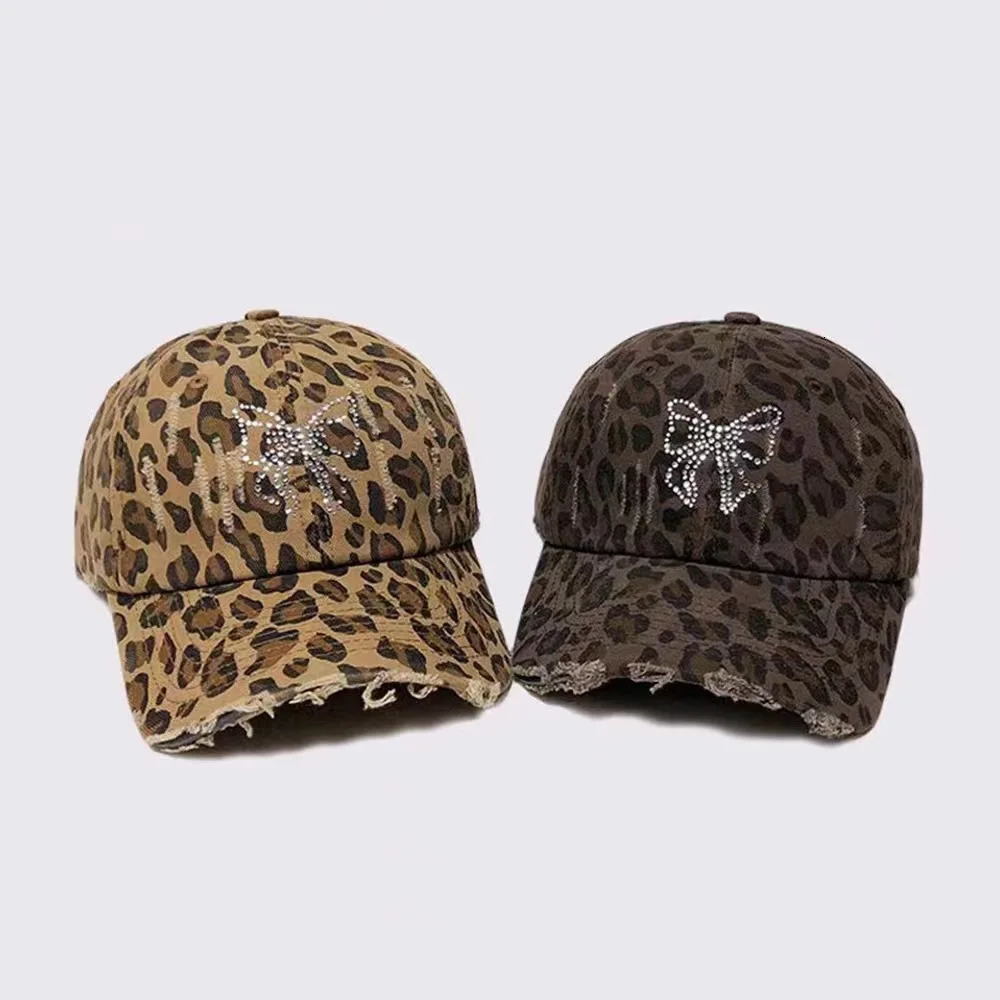 Korean Rhinestone Bowknot Leopard Baseball Cap Women Personality Distressed Brushed Visor Hats Cotton Adjustable Versatile Caps 250320