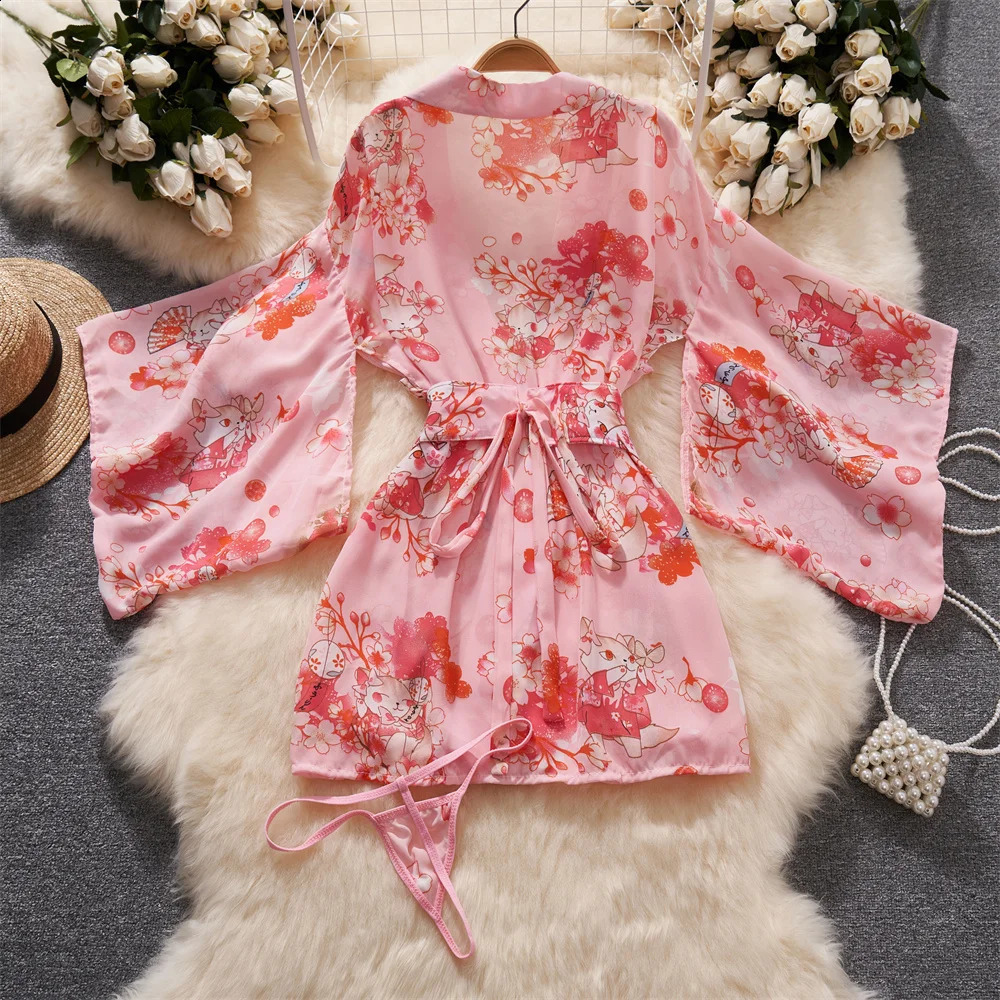 sweet Print Short Dress Sheer Sexy Kimono Slim Petal Sleeves Bathrobe Womens Secret Clothes Erotic Lingerie Pajama Nightwear 250319