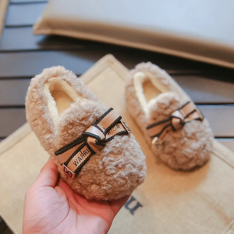 Children Winter Loafers Bowtie Fleece Leisure Slip-on Kids Flat Shoes Warm Round Toe Fashion Three Colors Girls Shoe 21-36 250319