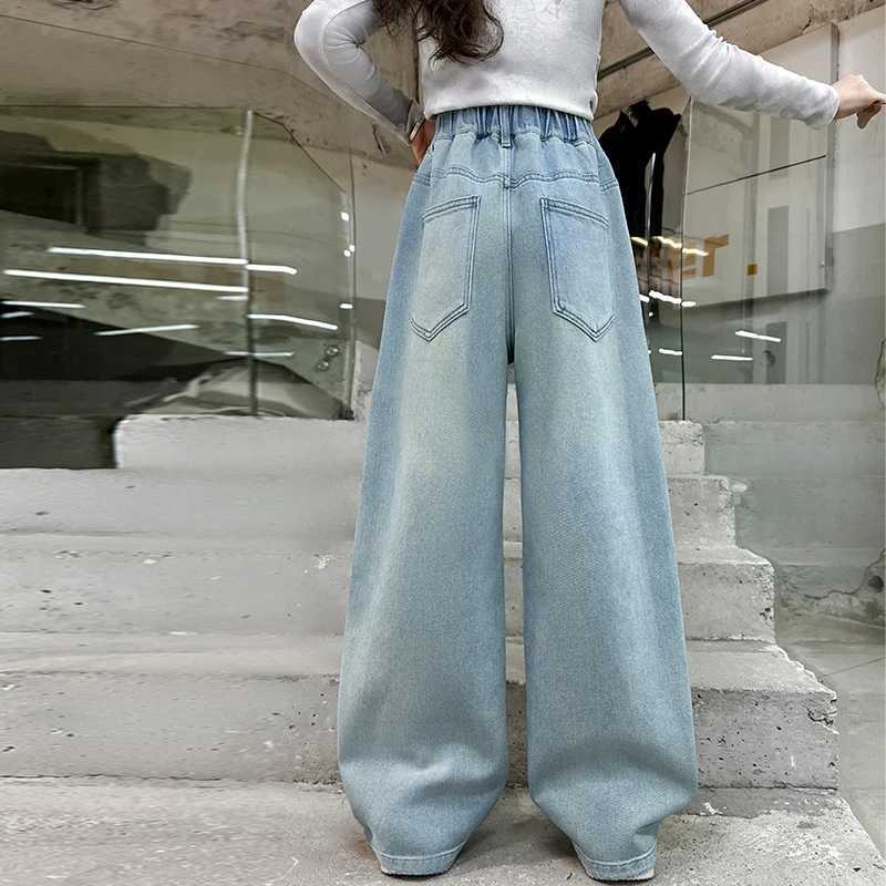 Childrens Fashion Girls Straight Jeans Elegant Bow Cute Denim Pants Bow Elastic Cute Spring Childrens Youth Jeans TrousersT250326