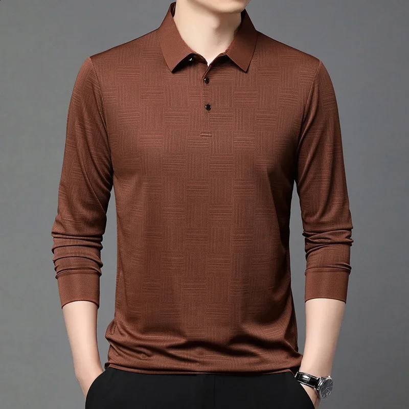 Mens business casual long sleeved solid color polo shirt fashionable breathable and comfortable Versatile top 250318