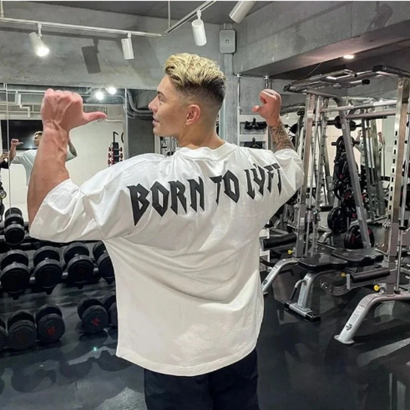 High quality gym T-shirt mens bodybuilding printed loose T-shirt sports T-shirt mens clothing cotton short sleeved sports shirt 250317