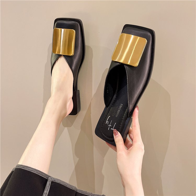 Fashion metal patent leather slip-on peep-toe half-slipper for women new style for summer versatile thick high heels cool slippers for women