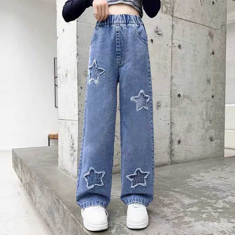 Teenage girl wide leg cargo jeans Spring and Autumn fashion childrens casual denim pants School young childrens straight bag handcart 3-12YT2502320