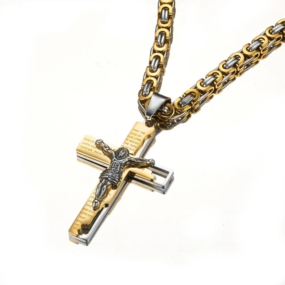 6mm Flat Byzantine Chain Necklace For Mens Neck Jewelry Stainless Steel Silver Gold Black Color Jesus Cross Pendant 250320bj
