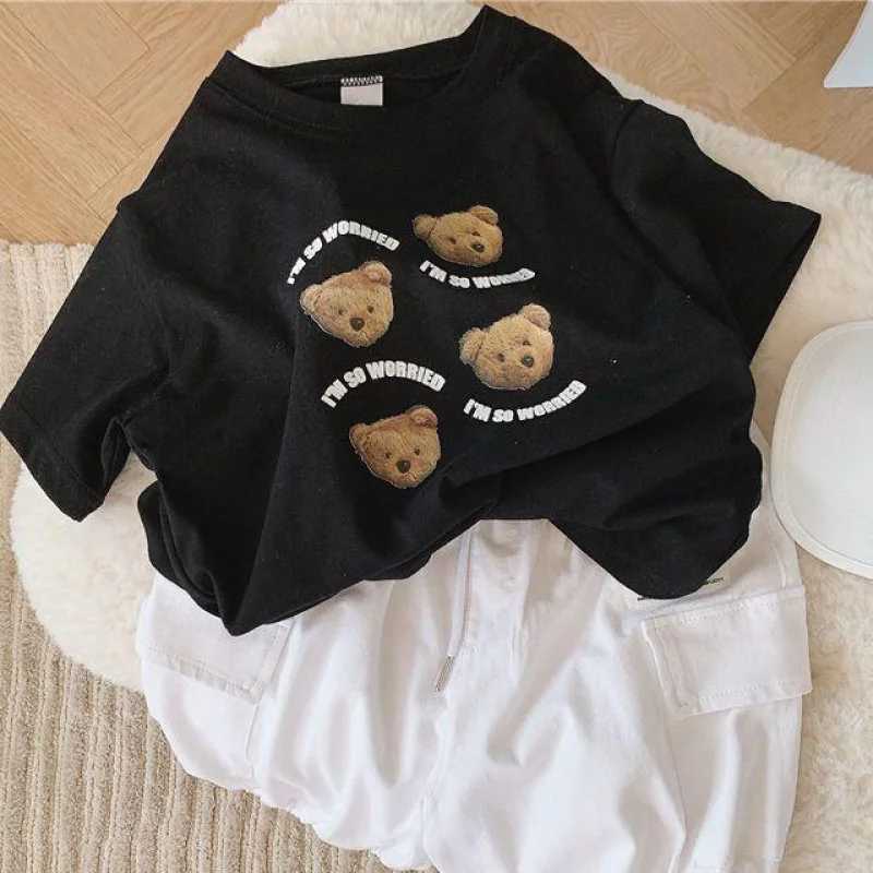 Children Summer Clothes Boy Girl Fashion Cute Cartoon Bear Short Sleeve T-Shirt Baby Letter Loose Tops Kiss Cotton Casual OutfitsT250320