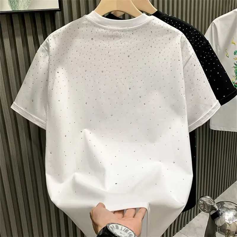 Summer mens high-quality 100% pure cotton short sleeved T-shirt O-neck fashionable rhinestone white T-shirt mens top T-shirt Camisetas HombreT250319