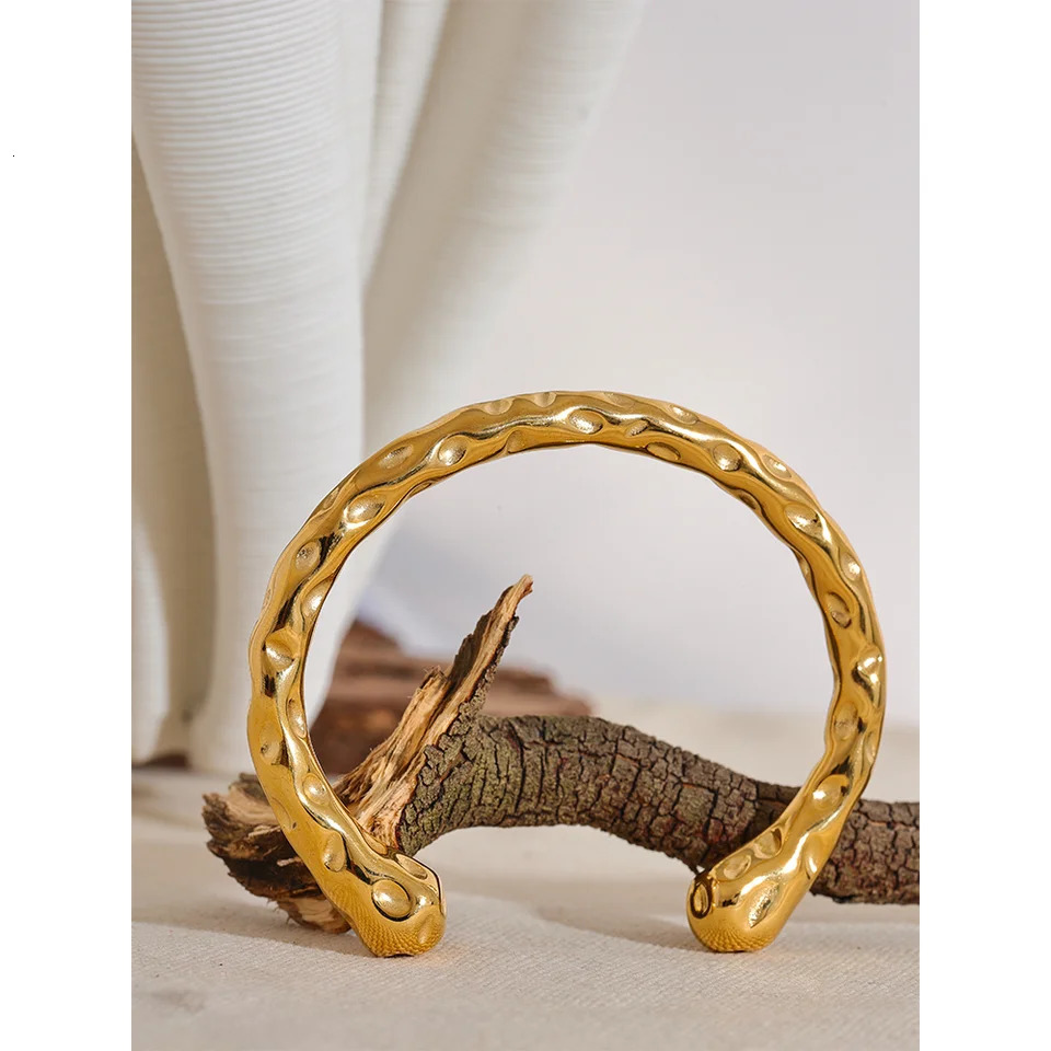 Yhpup Waterproof 316l Stainless Steel Metal Geometric Open Cuff Bracelet Bangle Statement Gold Color Texture Vintage Jewelry 250320