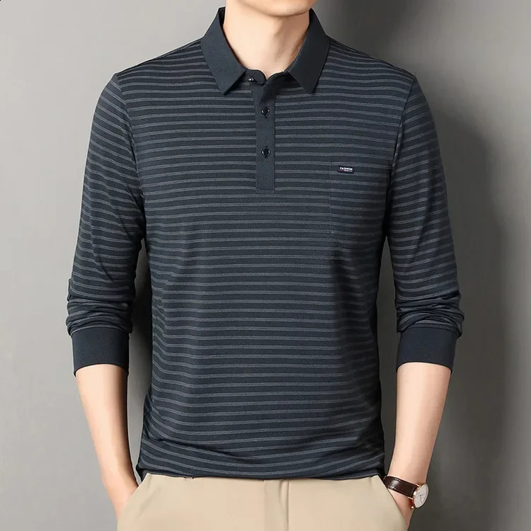 Long Sleeved Lapel Polo Shirt Striped Printed Base Shirt T-shirt Top 250319
