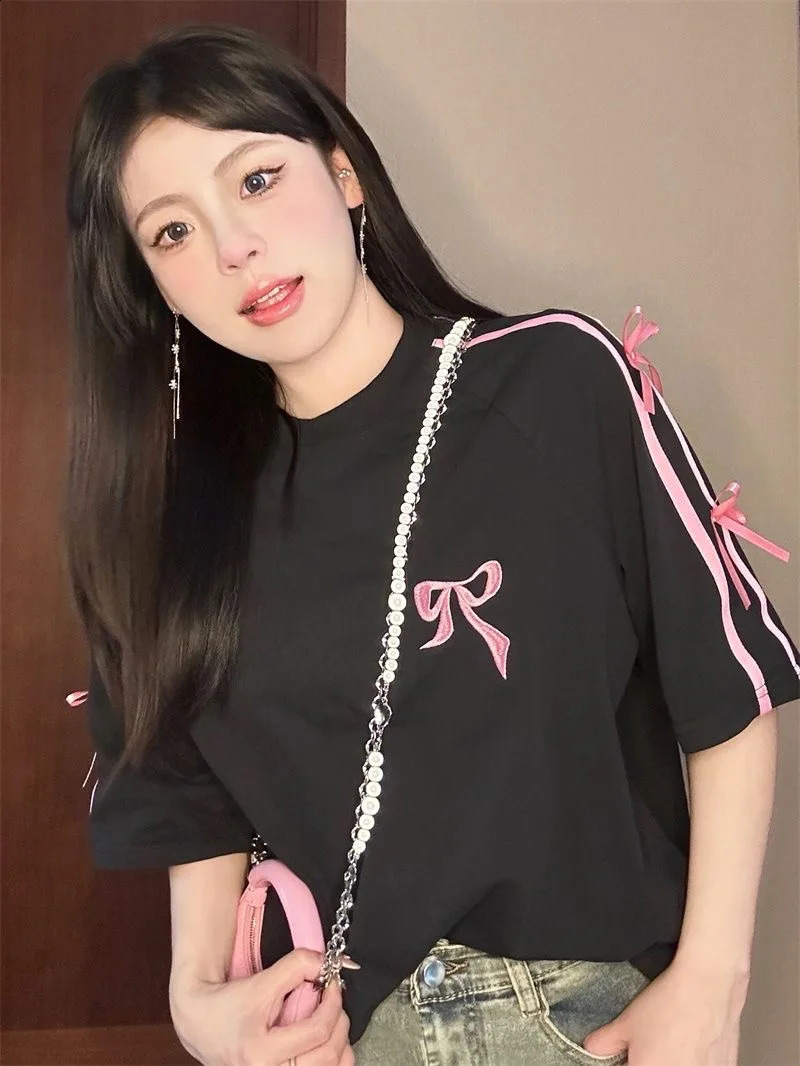 Korean style threedimensional bow pure cotton shortsleeved summer niche lady n embroidered casual versatile top 250311