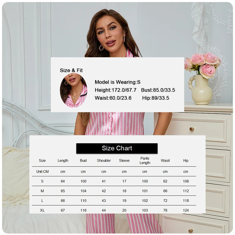 Womens satin striped pajamas summer short sleep top elastic waist pants casual and comfortable twopiece pajama set 250320