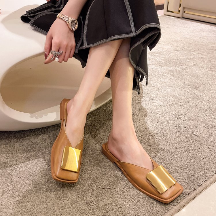 Fashion metal patent leather slip-on peep-toe half-slipper for women new style for summer versatile thick high heels cool slippers for women