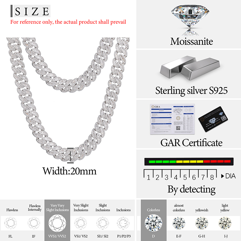 TUHE Hip Hop Unisex High Quality VVS1 Moissanite Baguettes Cuban Chain Necklace 925 Silver For Men Hip Hop Jewelry