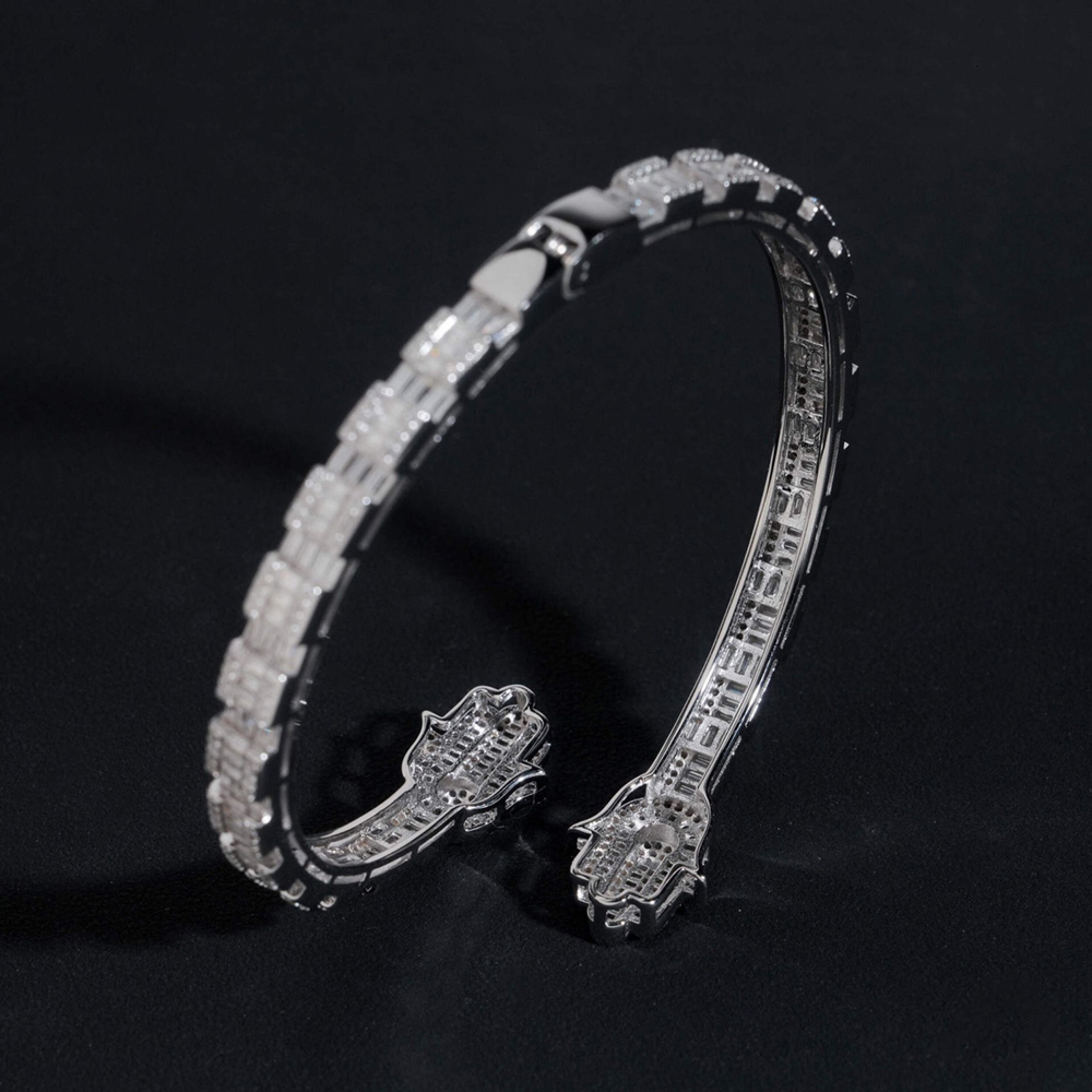 Hiphop Iced Bling Baguette Cut Moissanite Hamsa Hand Cuff Bangles 925 Sterling Silver Fatima Bracelets Pass Diamond Tester Gift