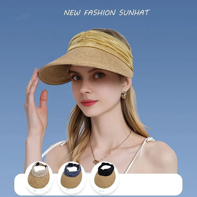 Summer Empty Top Straw Hat WIde Brim Soft Elastic Adjustable UV Protect Ponytail Beach Hats Foldable Lightweight Baseball Hat 250320