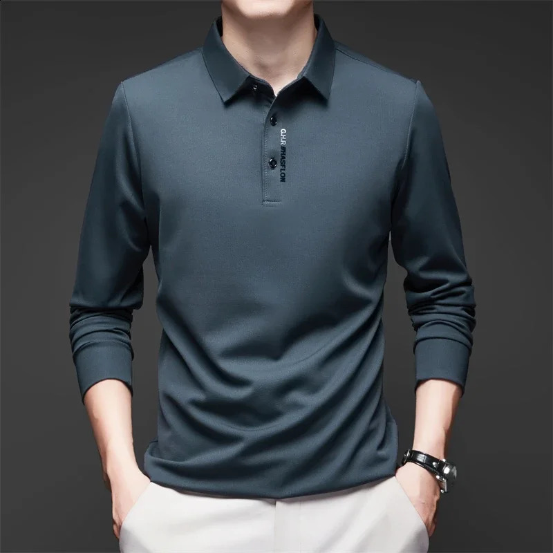 Mens Business Casual Long Sleeved Shirt with Badge Solid Color Polo Shirt Fashionable Breathable Comfortable Versatile Top 250319