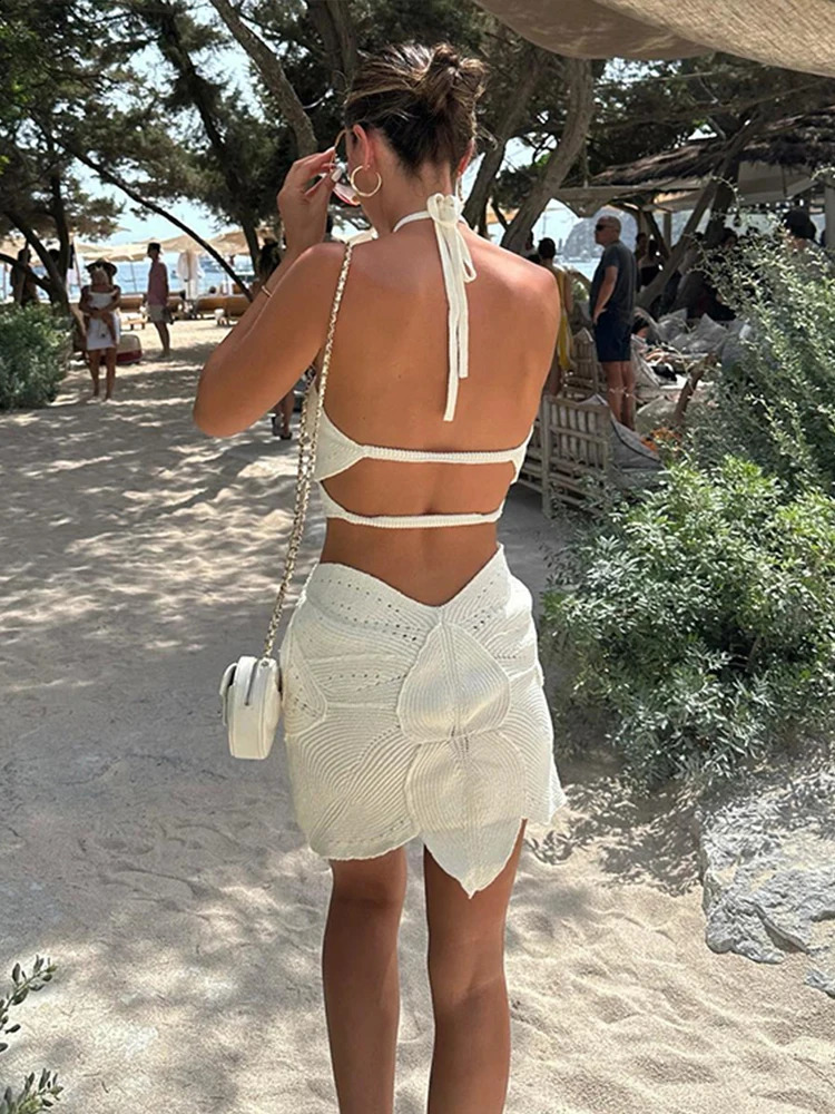 3D Flower Knit Crochet Short Dress For Women Sexy Halter Hollow Out Sleeveless Backless Dresses Lady Summer Beach Dresses 250317