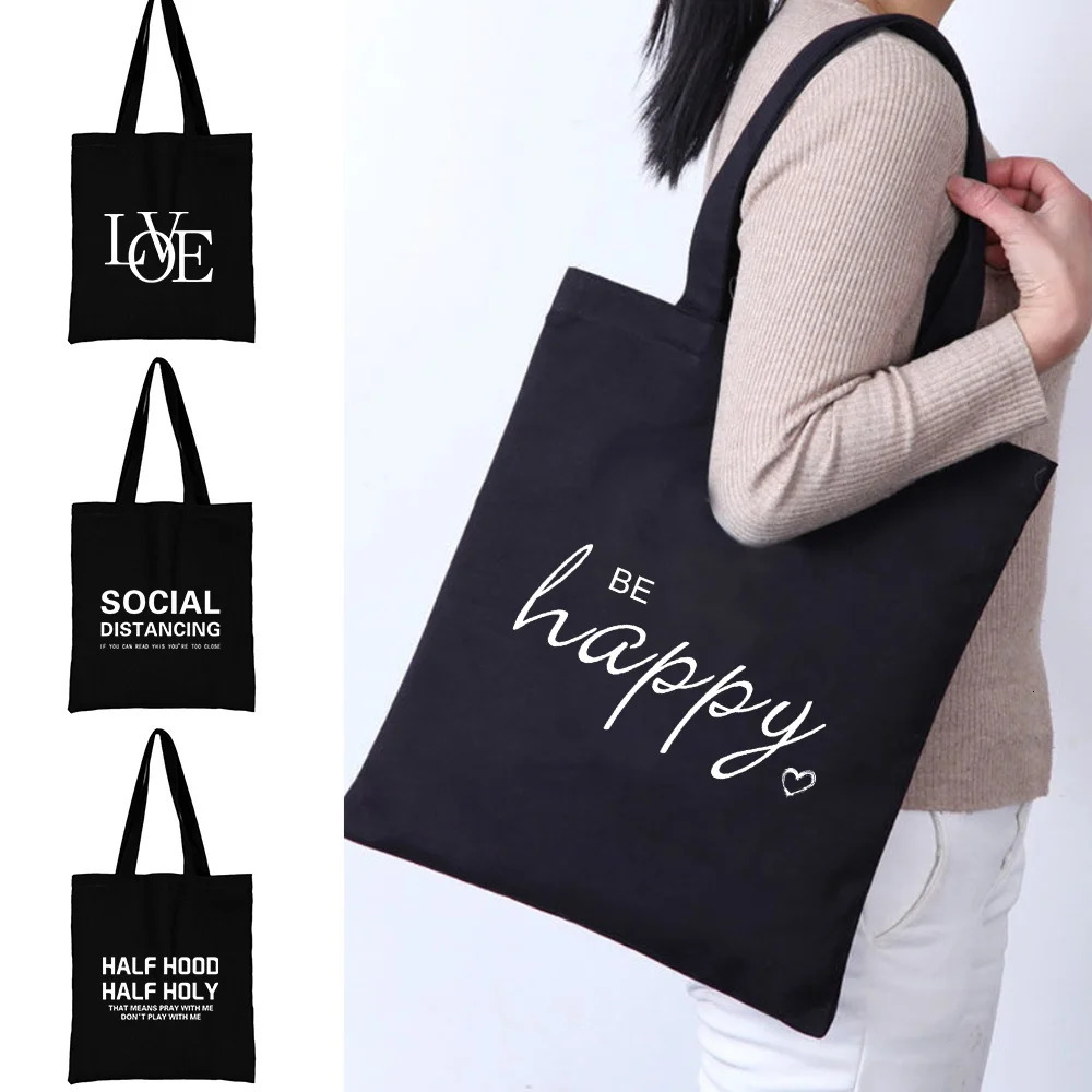 Canvas Shopping Bag for Women Shoulder Bags Shopper Handbag Commute Grocery Handbags Text Print New Fashion Eco Storage Tote R250320