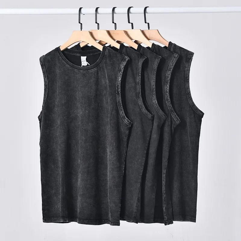 100 pure cotton retro vest Tshirt mens oversized washable top summer womens sleeveless short sleeved Y2K streetwear 250320