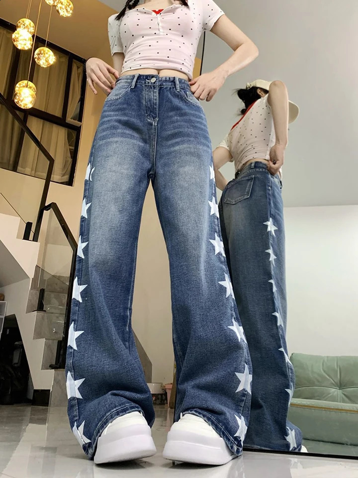 Zoki Cute Star Print Jeans Women Vintage High Waist Loose Denim Pants Preppy Style Japan Casual Female Kawaii Retro Trousers 250319