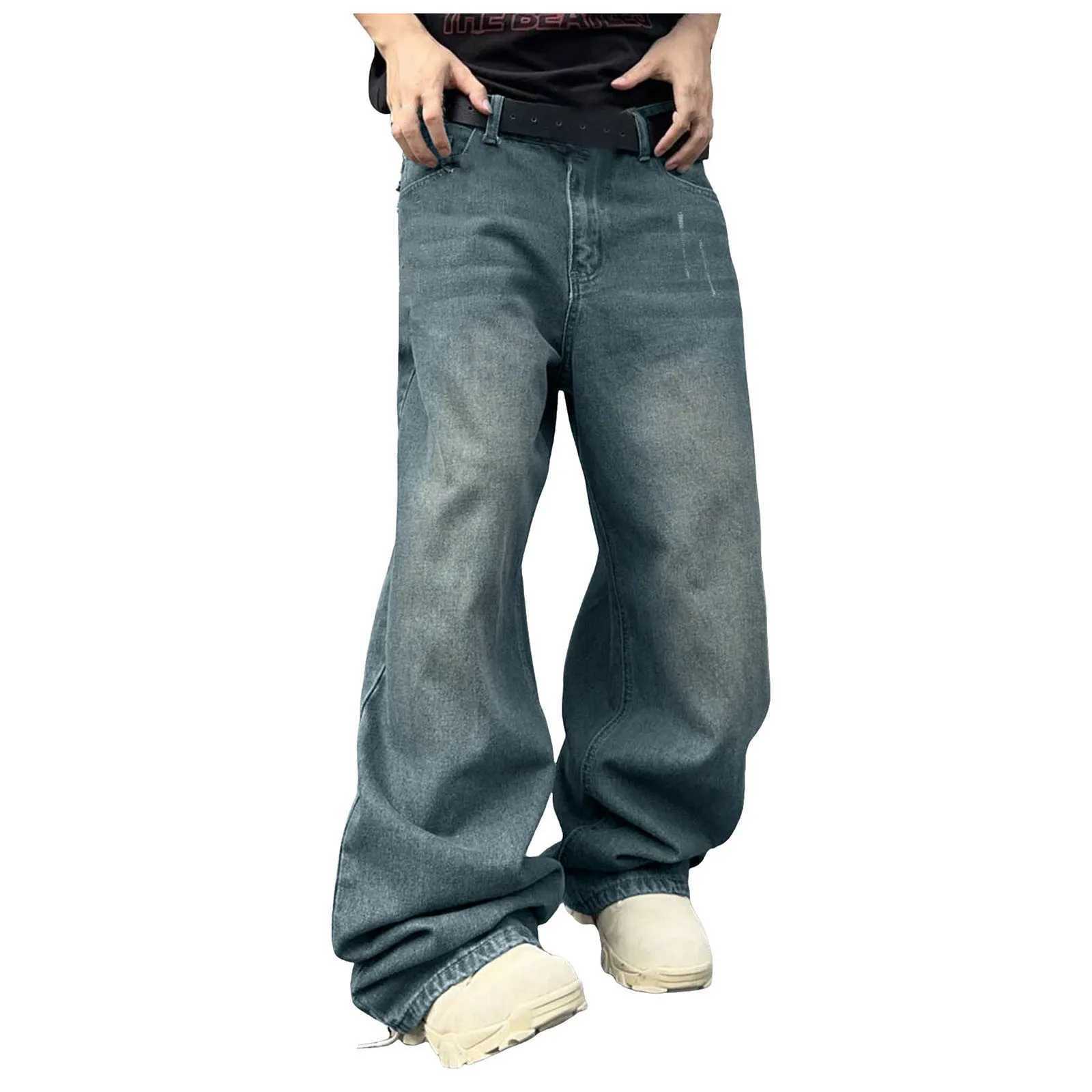 Mens Streetwear Baggy Hip Hop Jeans Wide Leg Skater Denim Pants Casual Loose Fit Long Trousers Streetwear Denim Overalls Y2kT250319