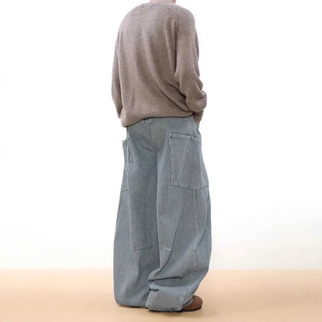Retro letter embroidered blue striped mens jeans casual wide leg pants new spring summer autumn couple style American fashionT250319