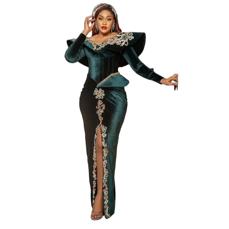 Elegant Hunter Green Velvet Evening Dresses Corset Front Slit V-Neck Long Sleeves Gold Appliques Crystal Beaded Straight Floor Length Prom Dress For L