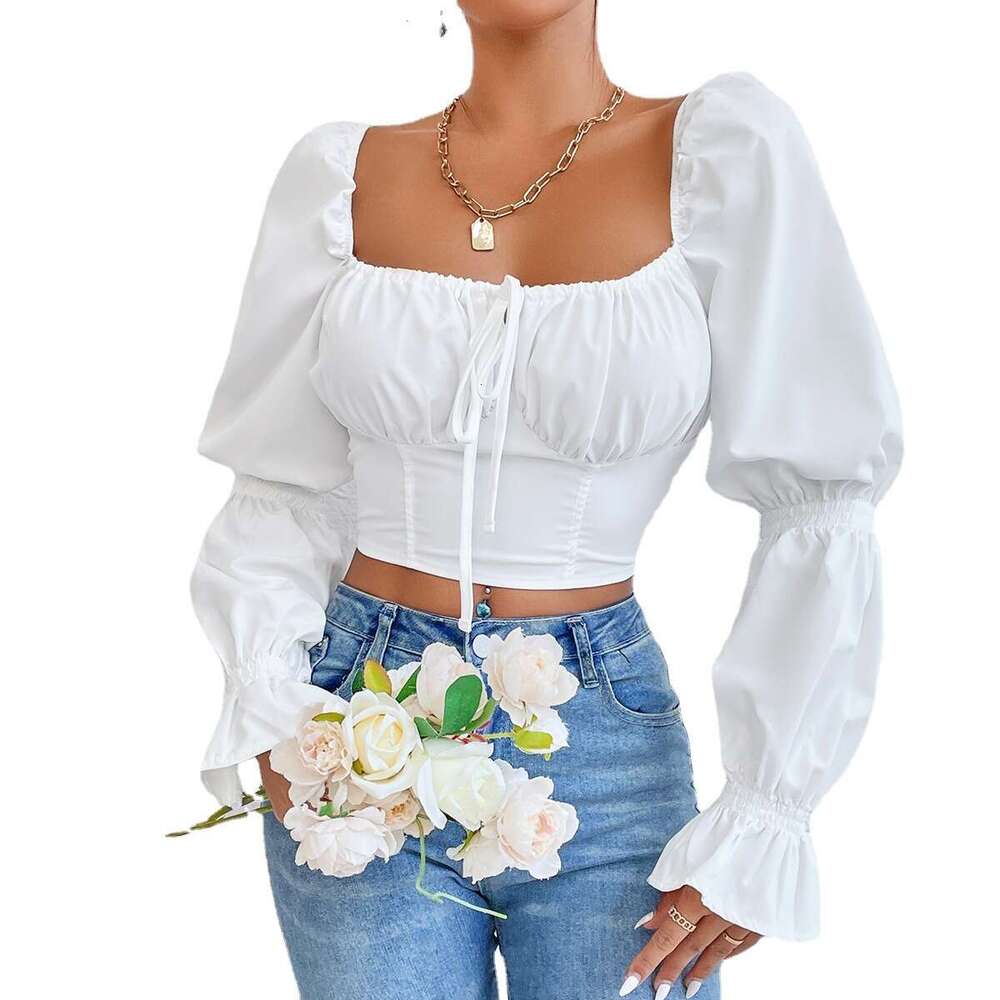 Top Women T Shirt T Shirt Tshirts Womens Clothes Spring/summer Womens Pure White Long Sleeved Chest Lace Up Open Back Sexy Waist Wrap Shirt Top