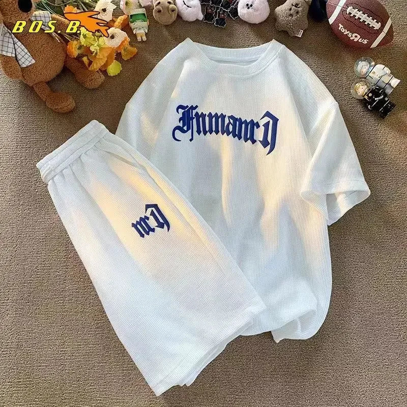 Summer Oversize Casual Fashion tracksuit Loose Jogging Waffle Suit Men Loose Short-sleeve tshirt Sports Shorts 2pcs Set Outfit 250319