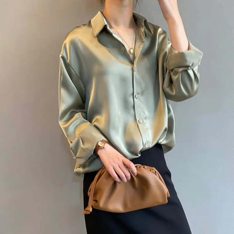 Women Silk Shirt Vintage Fashion Solid Button Up Long Sleeves Blouse Tops Female Summer Casual Loose Office Lady Shirts 250320