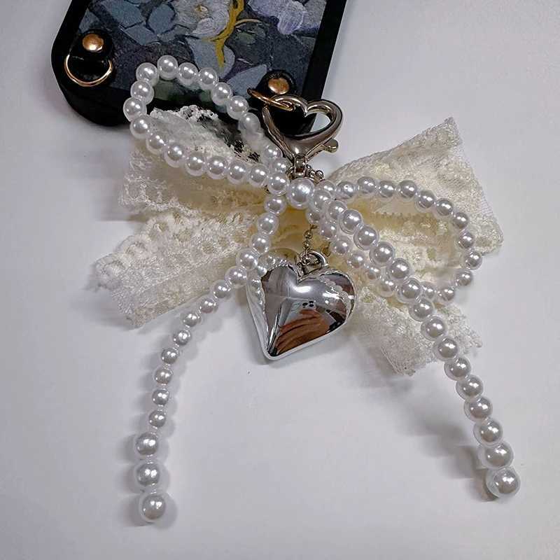 1 piece of sweet lace bow bead bow keychain mobile phone charm with pendant mobile phone accessory bag girls hanging ropeXJ250319
